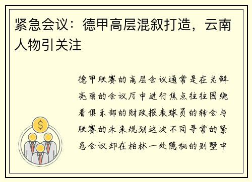 紧急会议：德甲高层混叙打造，云南人物引关注