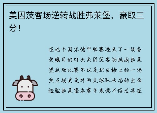 美因茨客场逆转战胜弗莱堡，豪取三分！